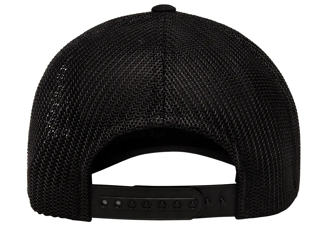Black with black mesh snapback 110 flex fit. Small logo