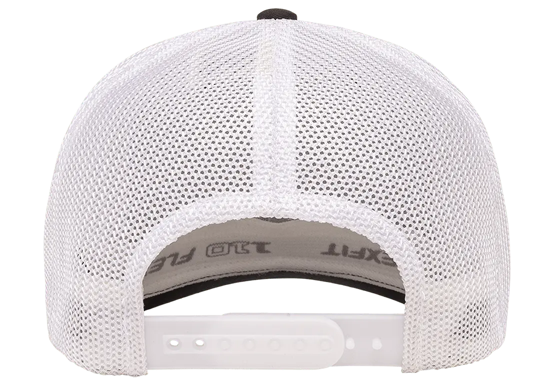 Black with white mesh snapback 110 flex fit. Small silver & white logo