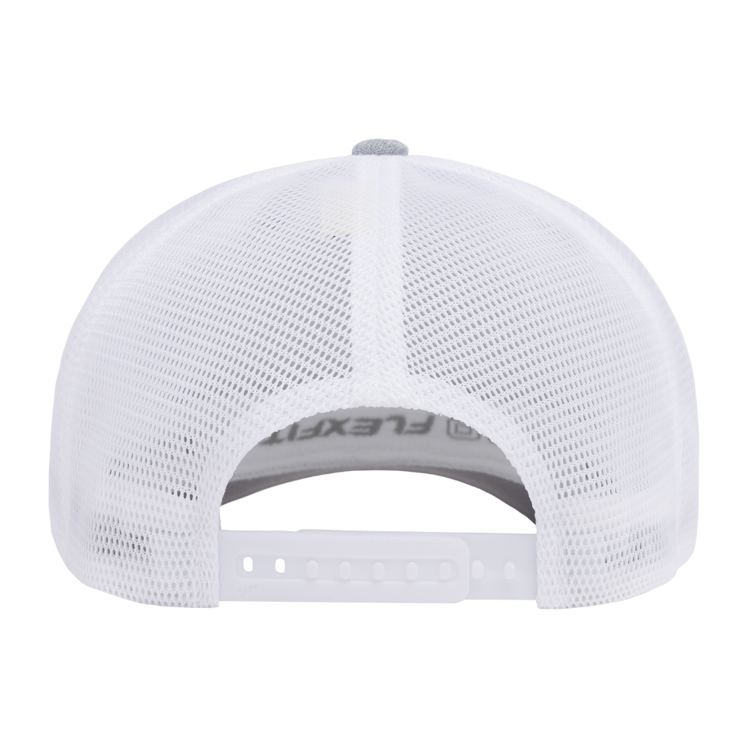 Light grey & white mesh back 110 snapback flex fit. Large logo