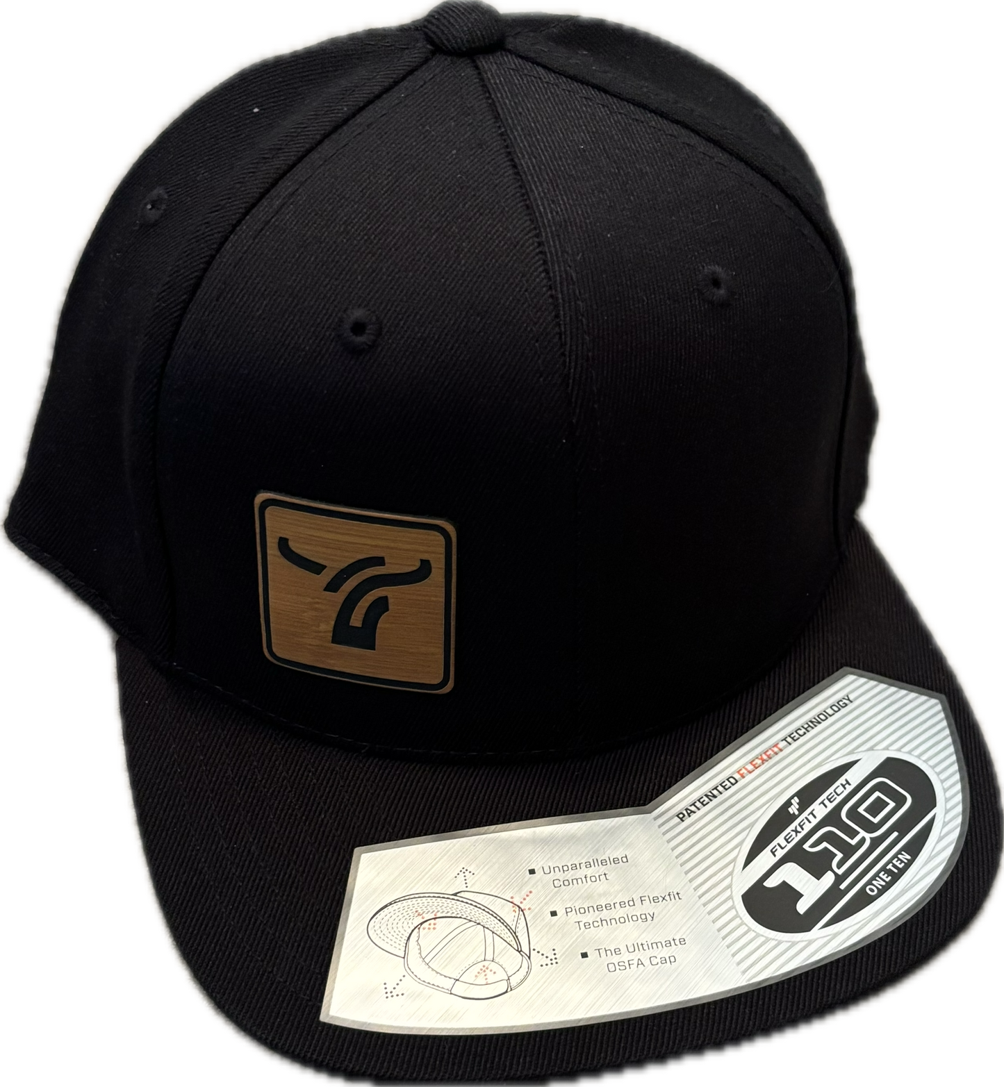 Black 110 Flexfit Flat Brim Leatherette Logo