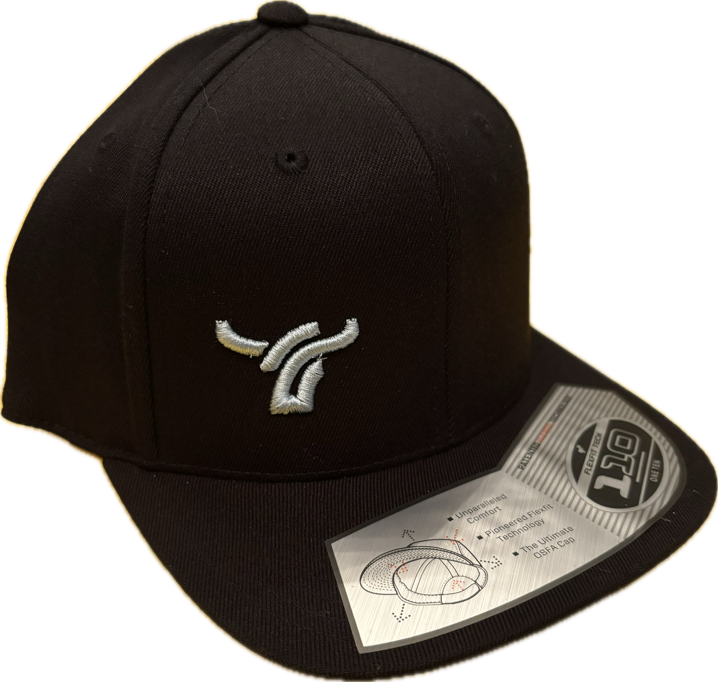 Black 110 flex fit flat brim small baby blue logo