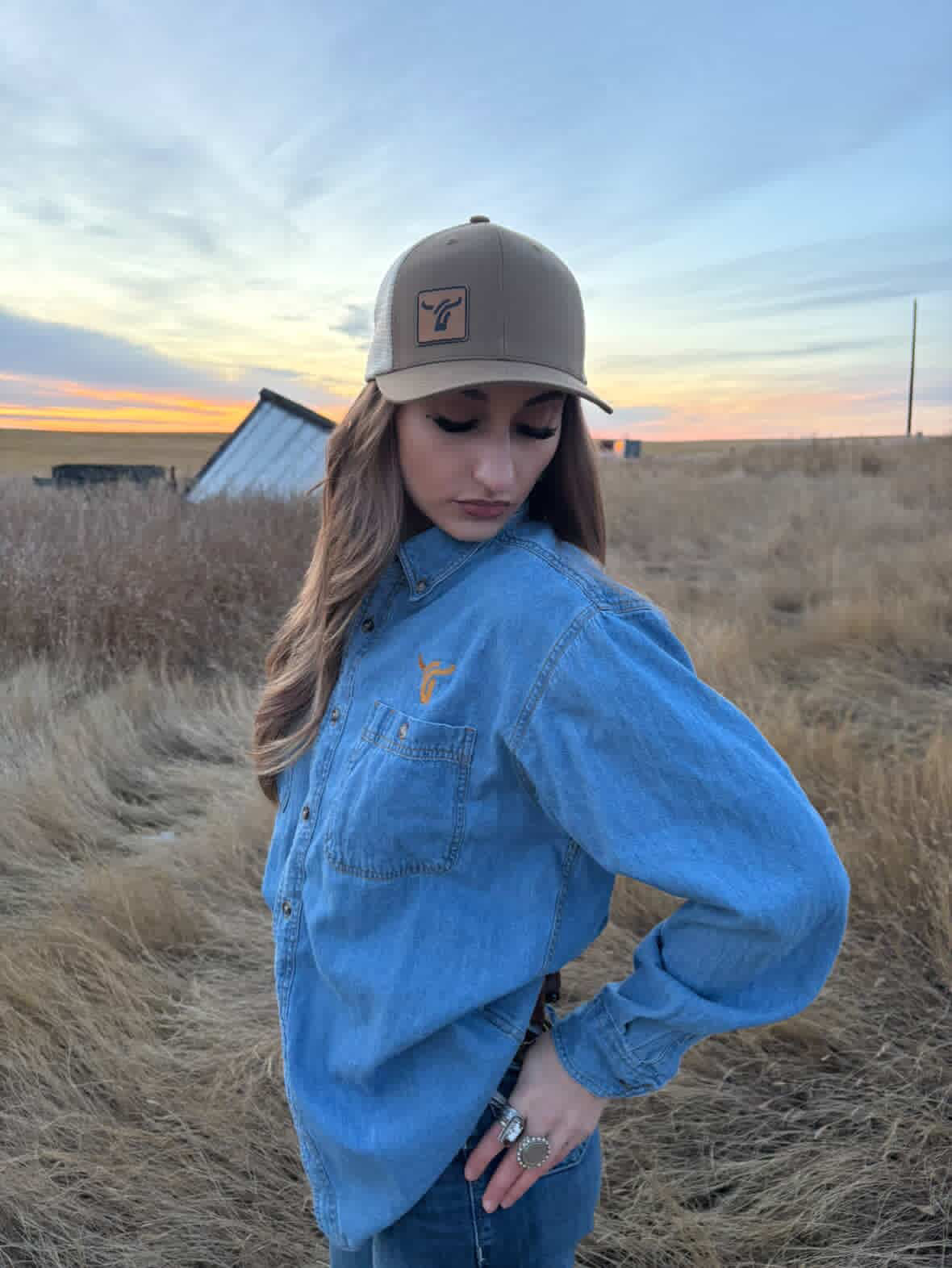 Long sleeve denim shirt.