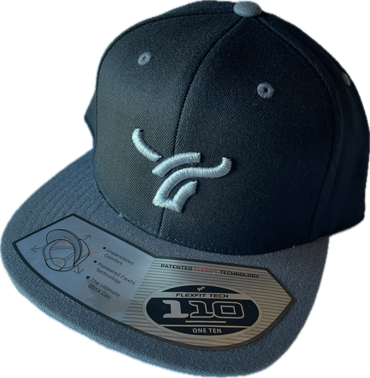 Black and grey Flat Brim 110 snapback flex fit cap large logo