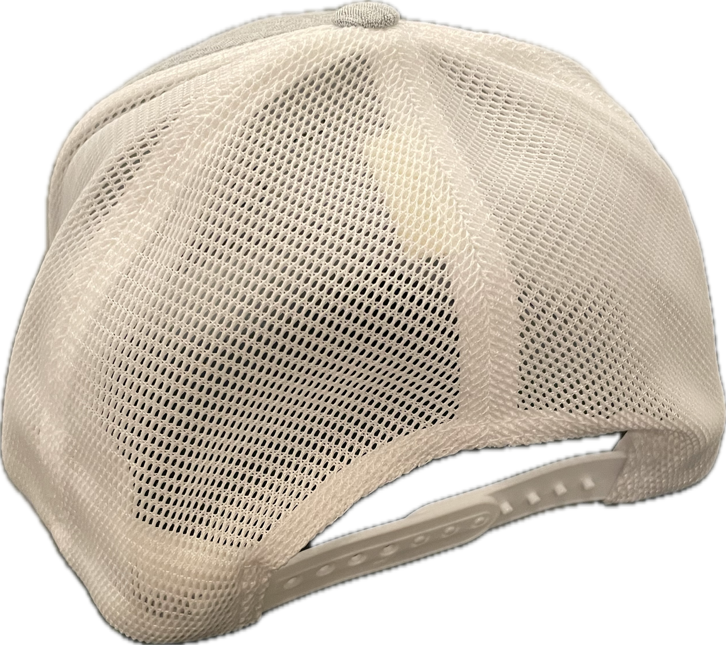 Light grey & white mesh back 110 snapback flex fit. Large logo