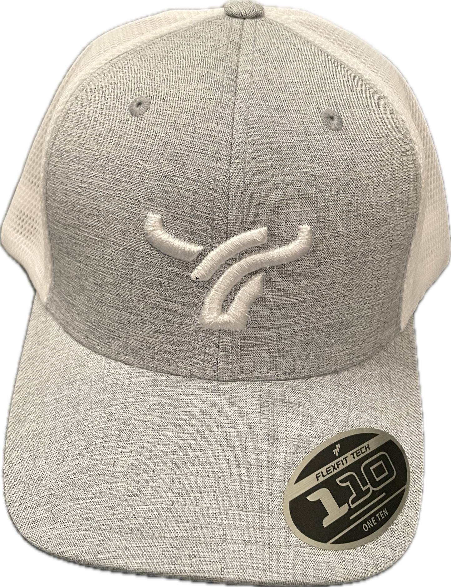 Light grey & white mesh back 110 snapback flex fit. Large logo