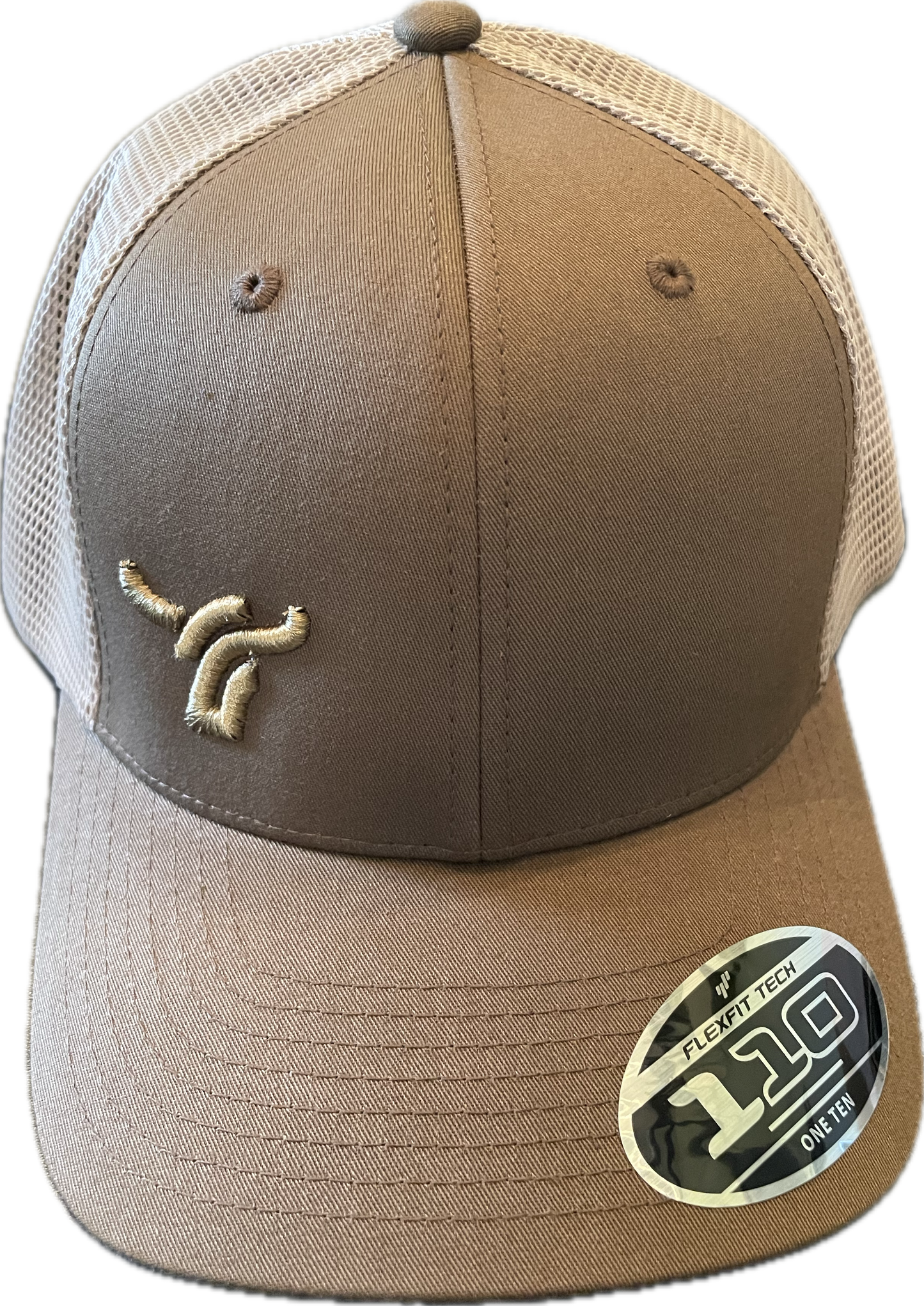 Light brown with tan mesh snapback 110 flex fit. Small logo