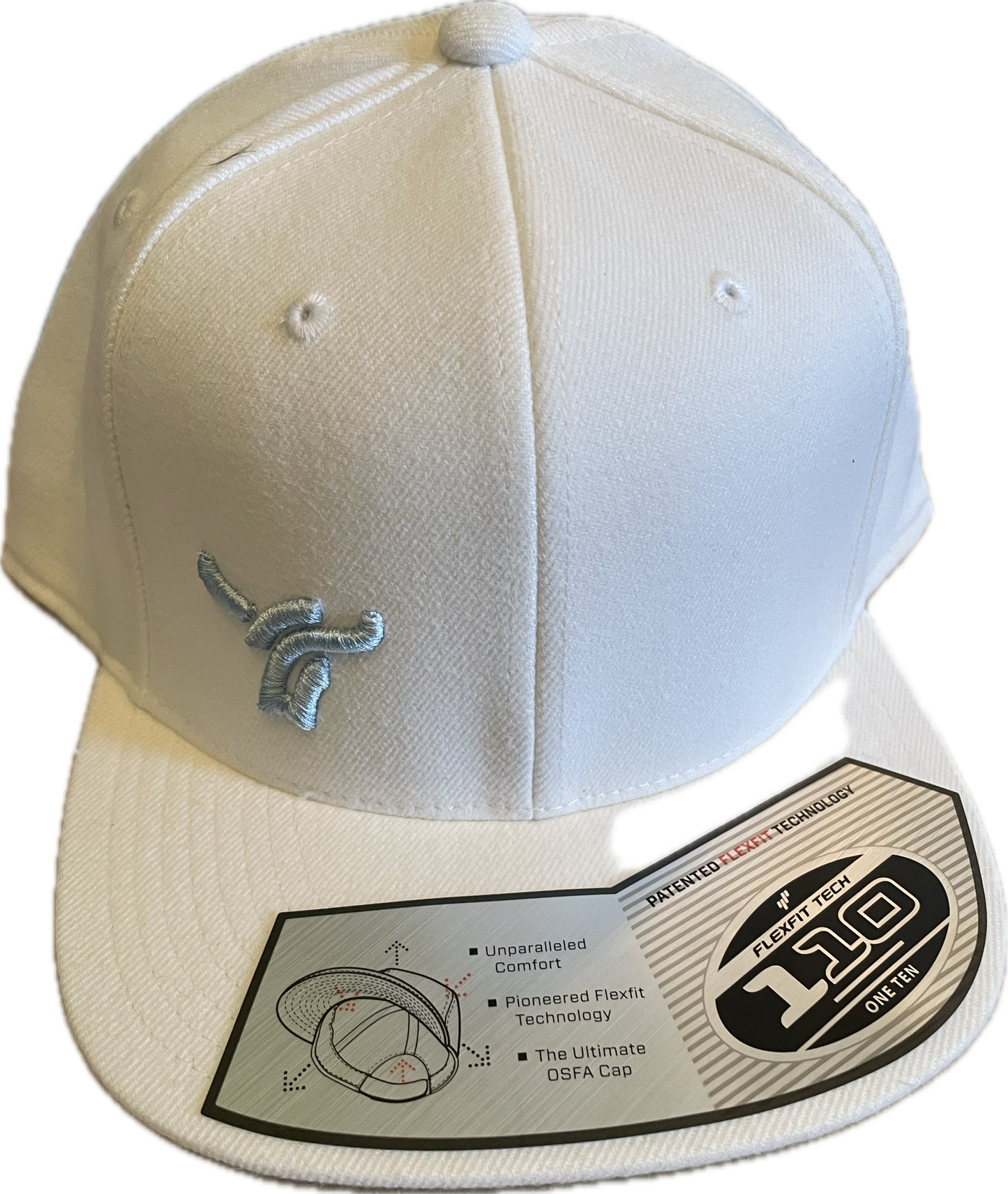 Cream colour 110 flat brim flex fit with full back. Small baby blue logo.