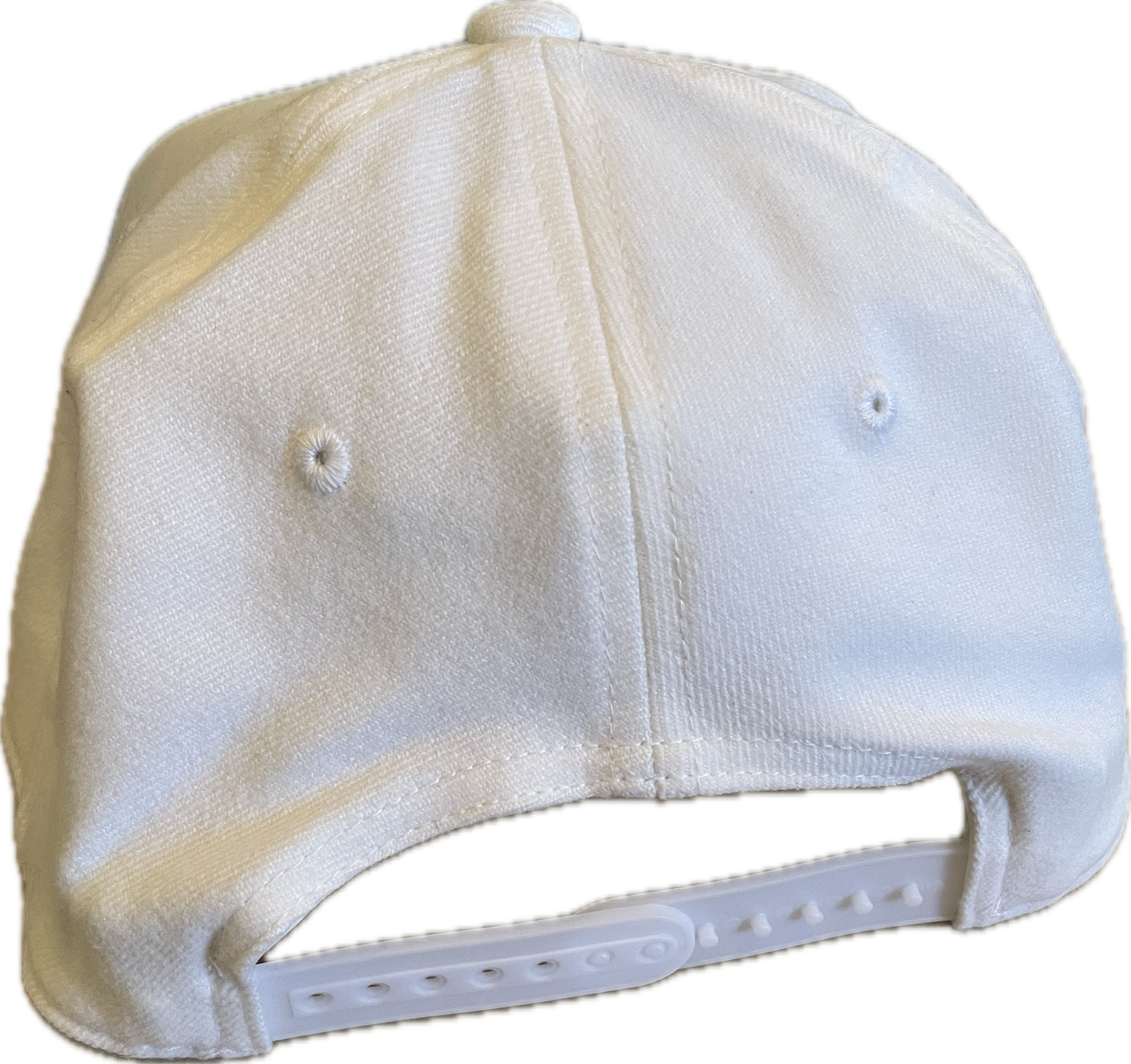 Cream colour 110 flat brim flex fit with full back. Small baby blue logo.