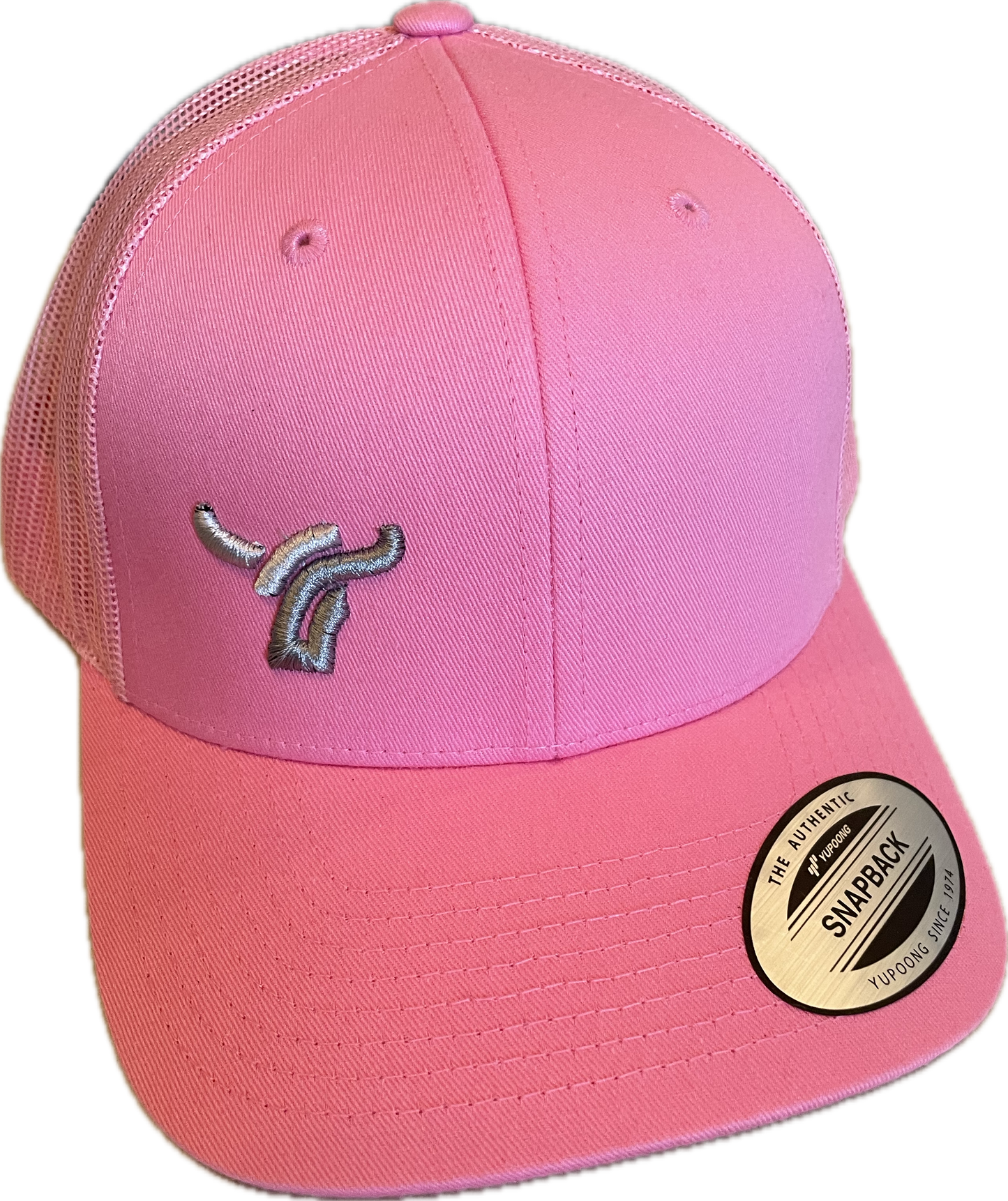 Pink with pink mesh snapback cap with small silver and grey logo.