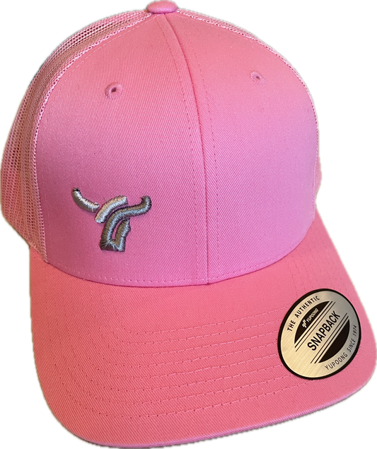 Pink with pink mesh snapback cap with small silver and grey logo.