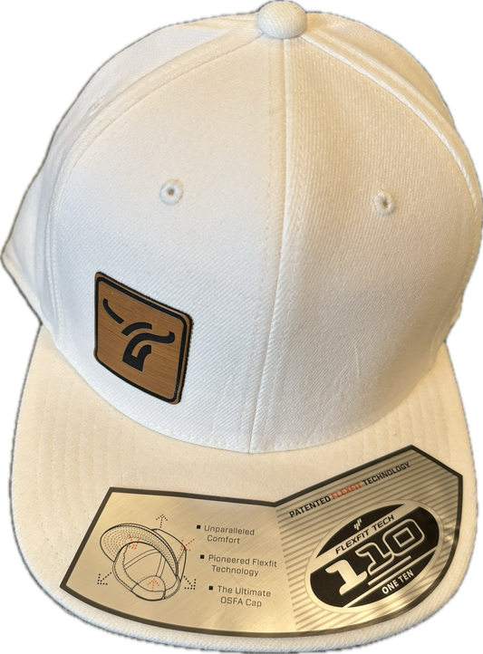 White 110 flat brim flexfit Leatherette logo.