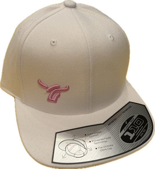 White 110 flat brim flexfit Small pink logo.