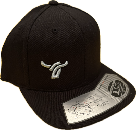Black 110 flex fit flat brim small baby blue logo