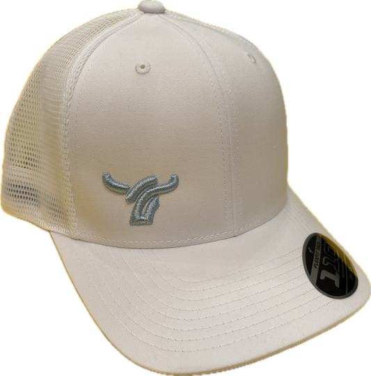 White 110 flexfit mesh back small baby blue logo