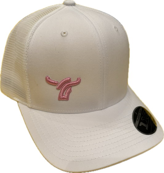 White 110 flexfit mesh back small pink logo